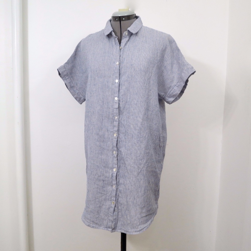 Tahari 100% Linen Button Down Seersucker Blue Stripe Shirt Dress Coverup size S